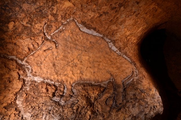 Imagen de uno de los bisontes grabados en arcilla hace hasta 14.000 años, en la cueva de Aitzbitarte IV, en Rentería (Guipúzcoa). :: R. C.