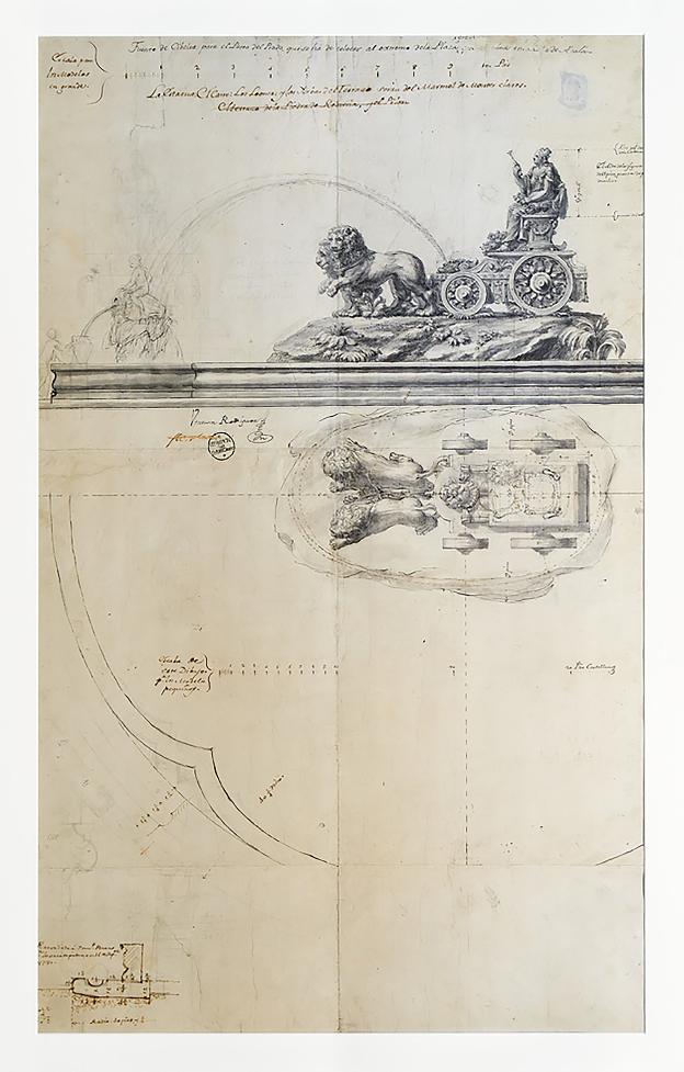 Original de Ventura Rodríguez con la planta y el alzado de la madrileña fuente de Cibeles (1777). :: R. A. B. S. F./