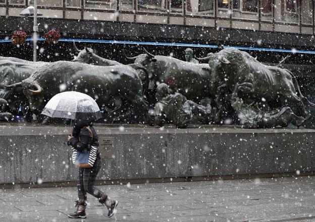 La nieve hizo presencia ayer en la capital navarra, donde incluso se llegó a suspender el partido Osasuna-Valladolid. :: efe/