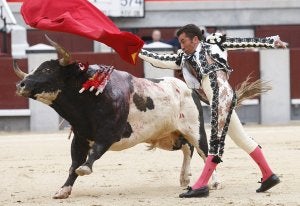 'El Fundi', con uno de los toros del riojano Antonio Briones, protagonistas ayer en Las Ventas. ::
EFE/